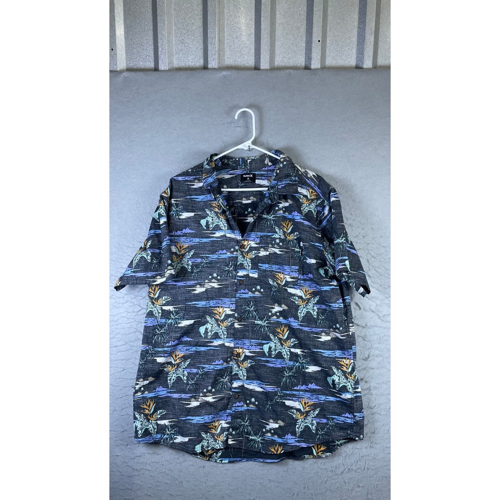 Hurley Button Down Shirt Mens XL Black Excellent Tropical Palm Tree Island Print